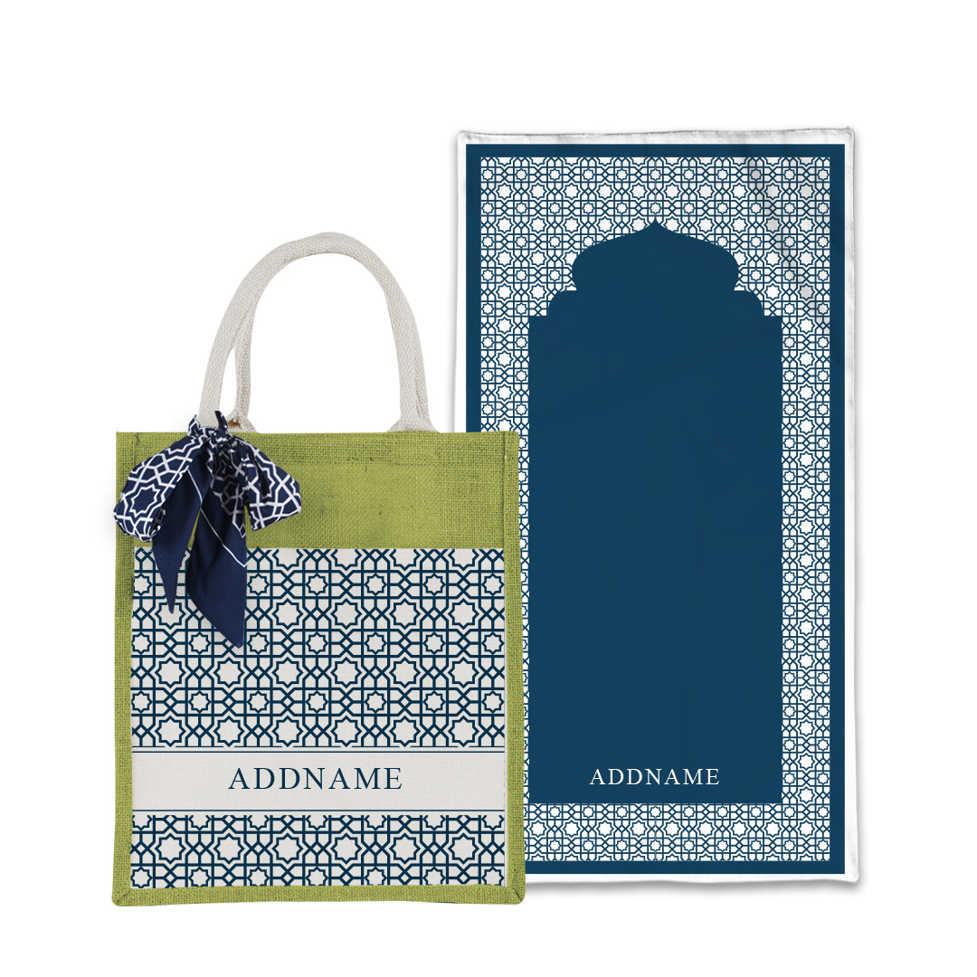 Annas Series - Prussian Blue Prayer Mat with Matching Colourful Jute Bag