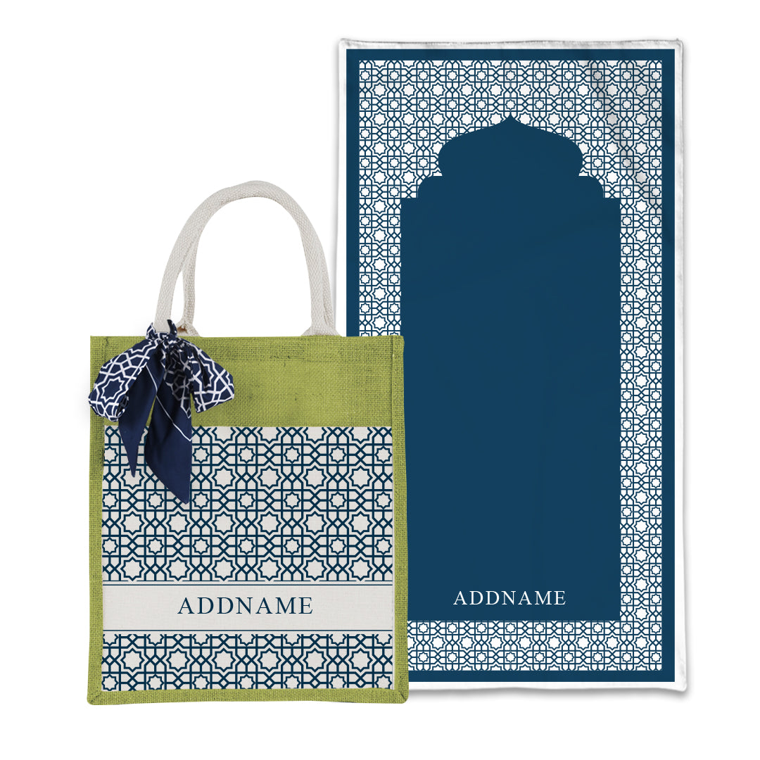 Annas Series - Prussian Blue Prayer Mat with Matching Colourful Jute Bag