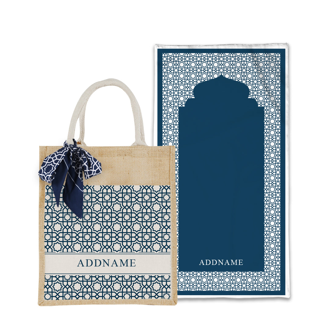 Annas Series - Prussian Blue Prayer Mat with Matching Colourful Jute Bag