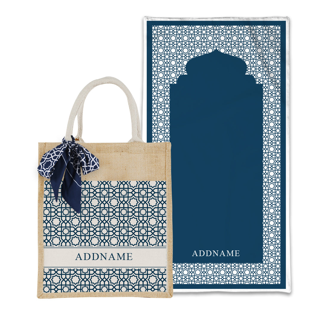 Annas Series - Prussian Blue Prayer Mat with Matching Colourful Jute Bag