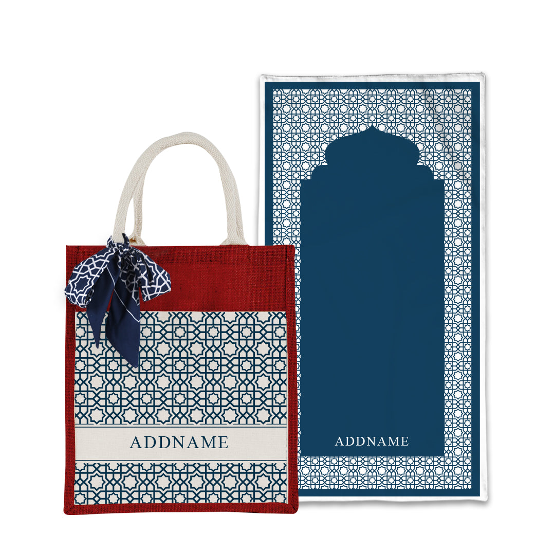 Annas Series - Prussian Blue Prayer Mat with Matching Colourful Jute Bag