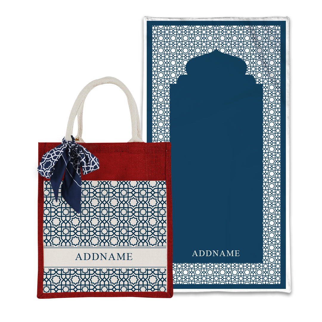 Annas Series - Prussian Blue Prayer Mat with Matching Colourful Jute Bag
