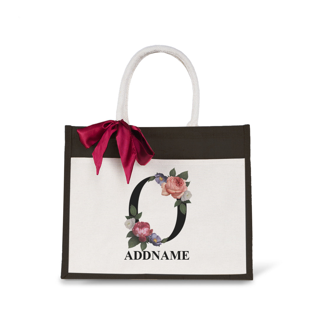 Myra Floral Series Black Jute Bag with Front Pocket