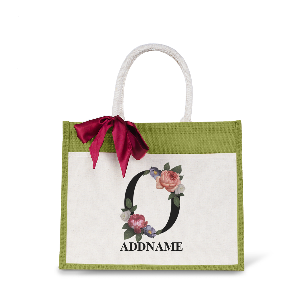 Myra Floral Series Olive Green Jute Bag with Front Pocket