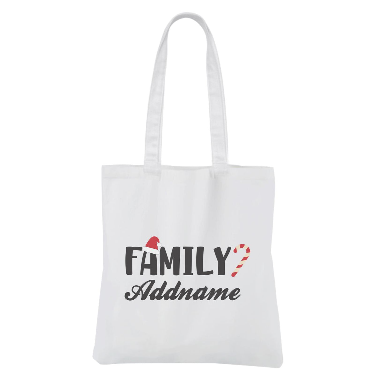 Christmas Series Family Addname with Santa Hat and Candy Cane White Canvas Bag