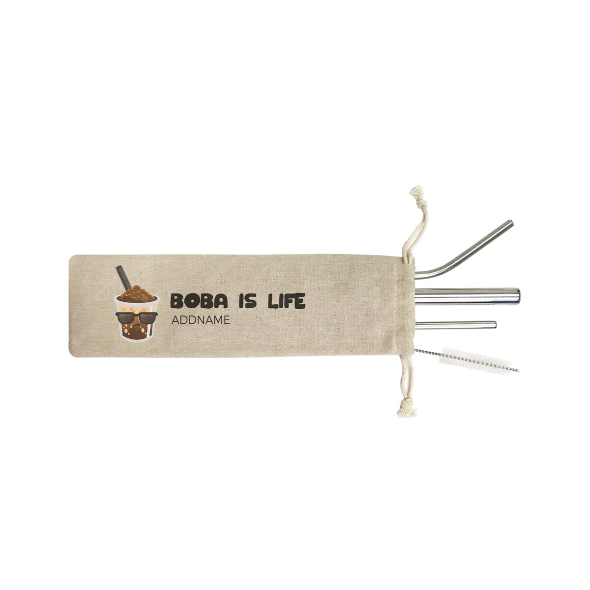 Boba Series Cool Boba Is Life Addname 4-in-1 Stainless Steel Straw Set In a Satchel