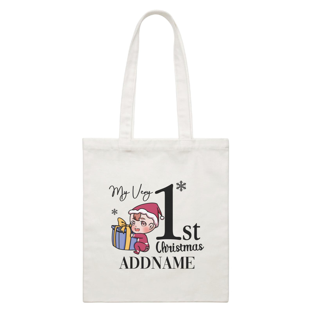 Xmas Christmas Chibi Family My Very 1st Christmas Baby Boy Holding Present White Canvas Bag