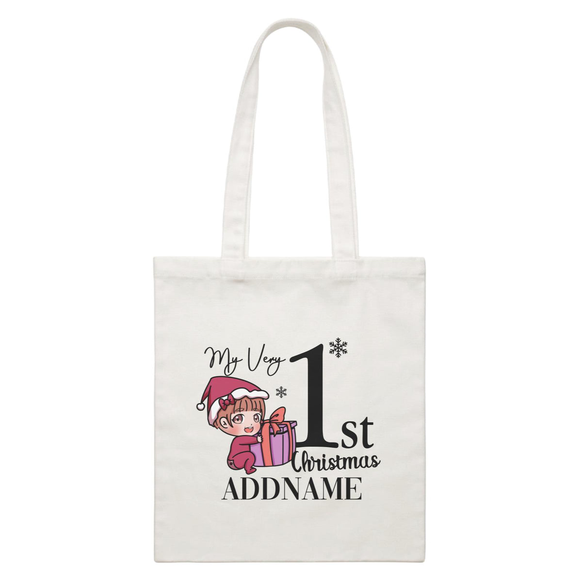 Xmas Christmas Chibi Family My Very 1st Christmas Baby Girl Holding Present White Canvas Bag