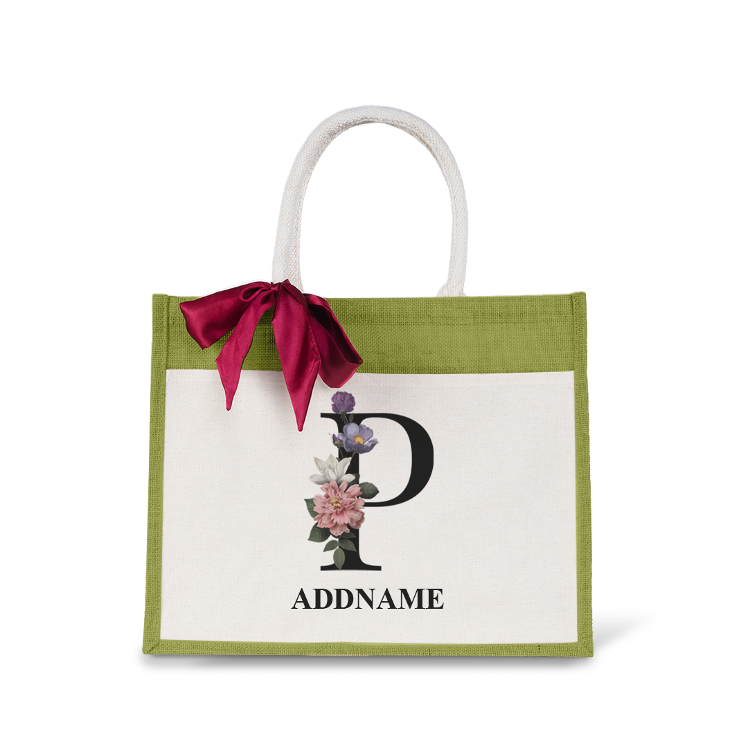 Myra Floral Series Olive Green Jute Bag with Front Pocket