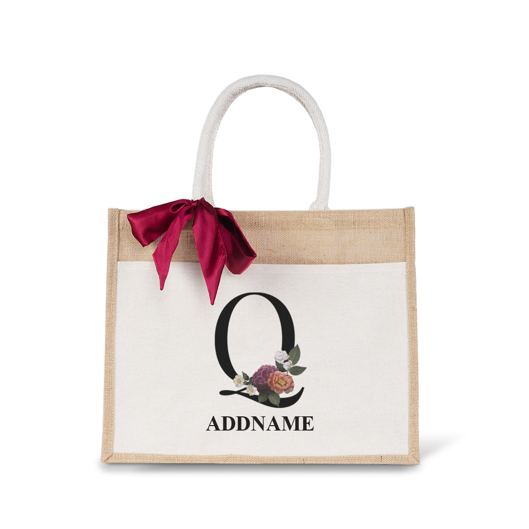 Myra Floral Series Natural Jute Bag with Front Pocket