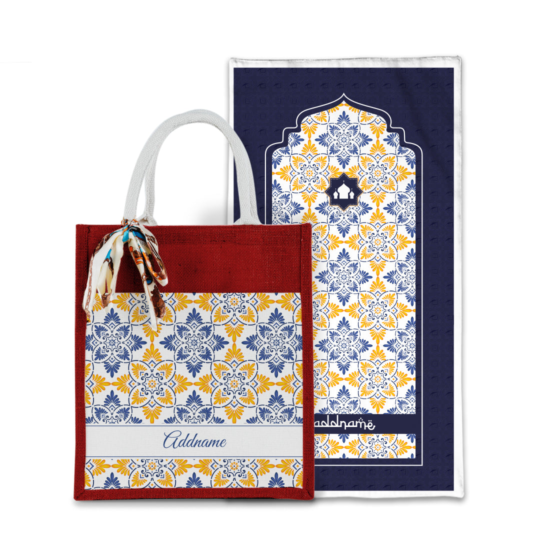 Arabesque Butter Blue Sejadah with Matching Colourful Jute Bag