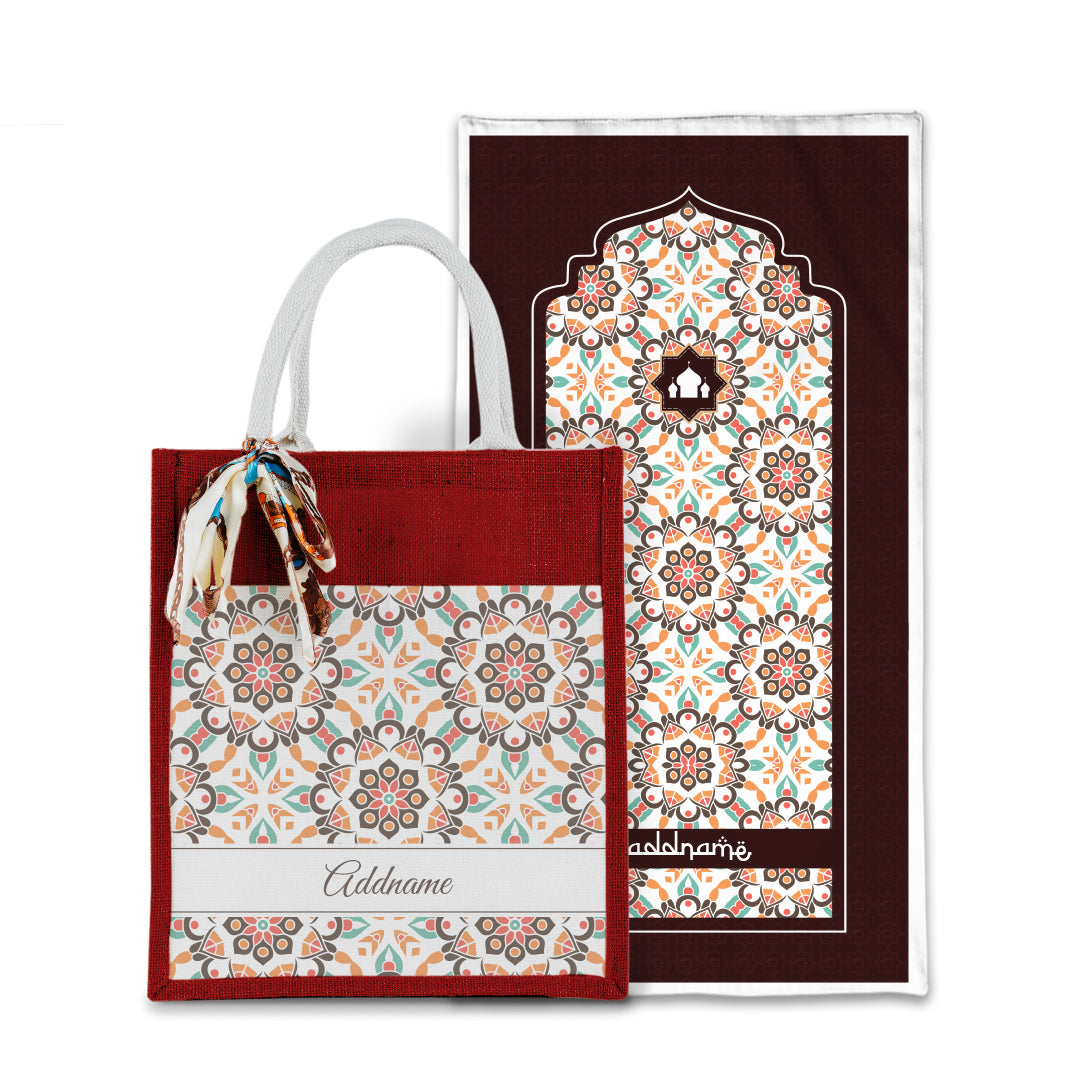 Arabesque Geo Brown Sejadah with Matching Colourful Jute Bag