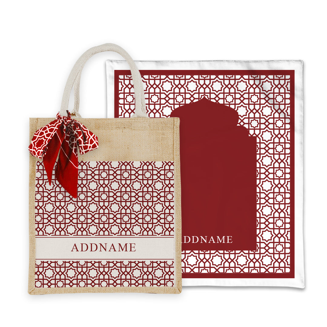Annas Series - Rouge Prayer Mat with Matching Colourful Jute Bag