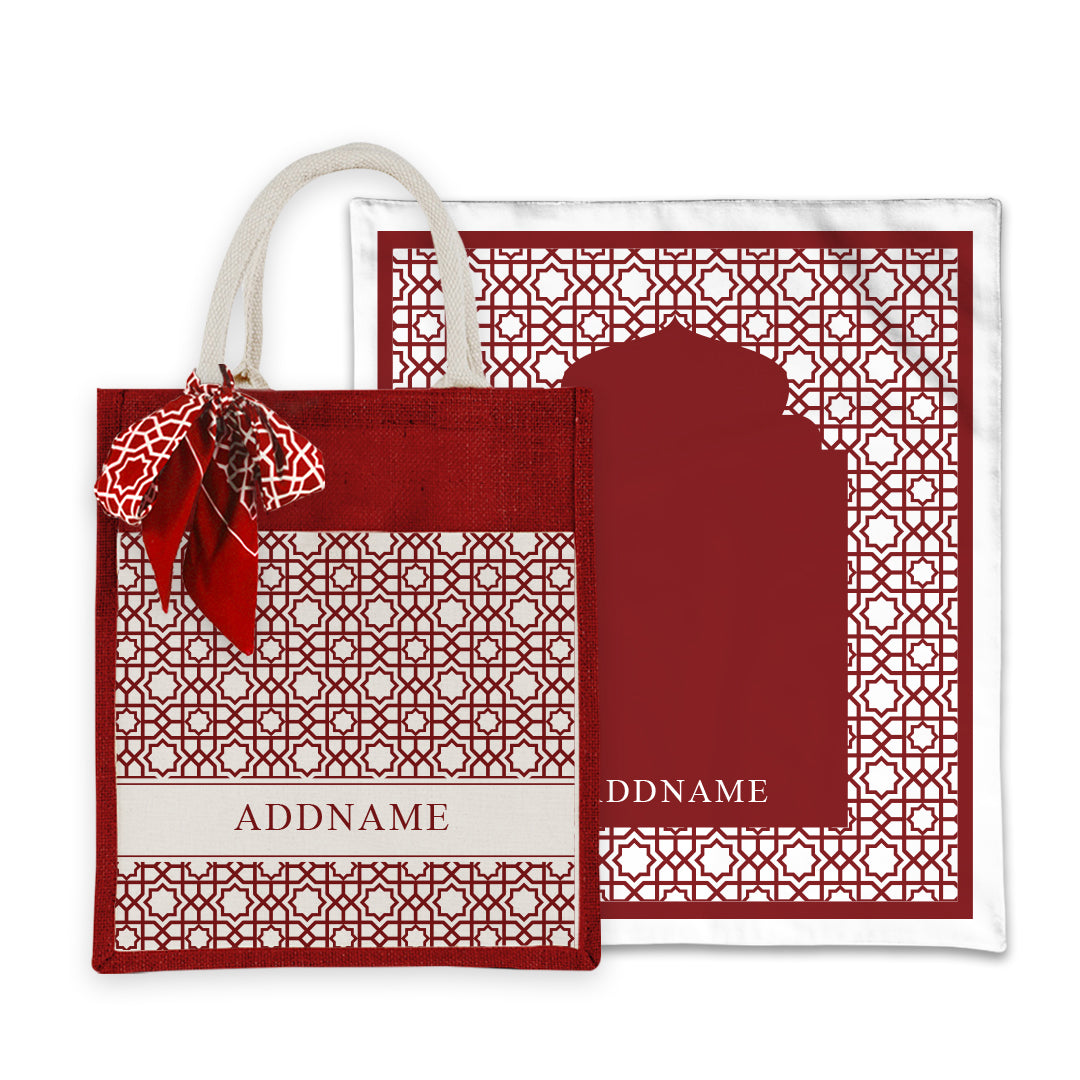 Annas Series - Rouge Prayer Mat with Matching Colourful Jute Bag