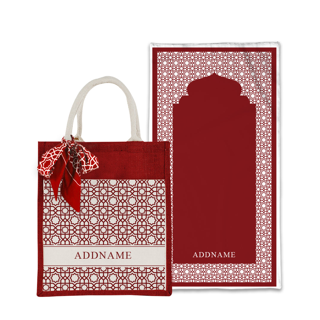 Annas Series - Rouge Prayer Mat with Matching Colourful Jute Bag