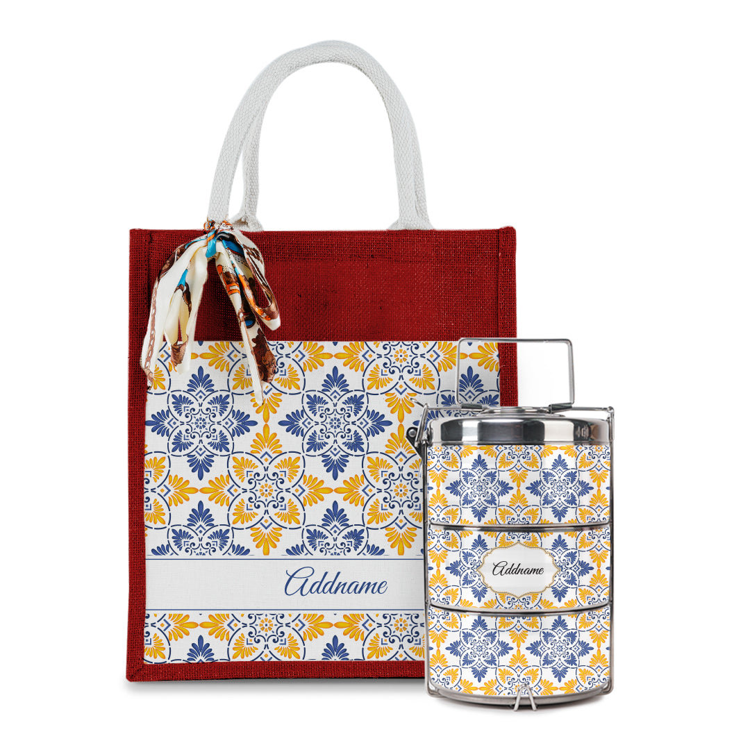 Arabesque Butter Blue Colourful Jute Bag with Tiffin Carrier Set