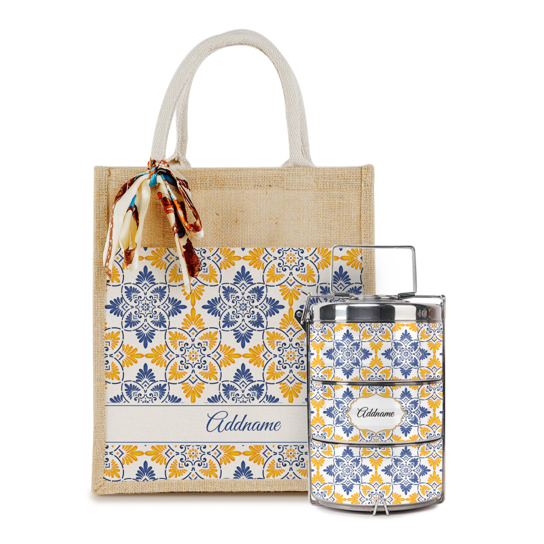 Arabesque Butter Blue Colourful Jute Bag with Tiffin Carrier Set