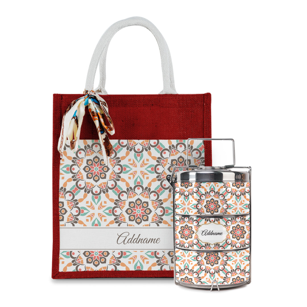 Arabesque Geo Brown Colourful Jute Bag with Tiffin Carrier Set