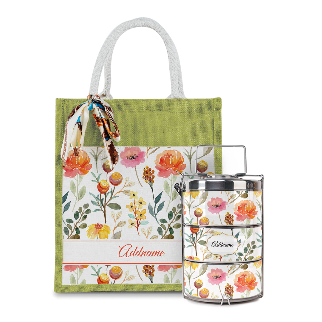 Laura Series - Carnelian Colorful Jute Bag with Tiffin Carrier Set