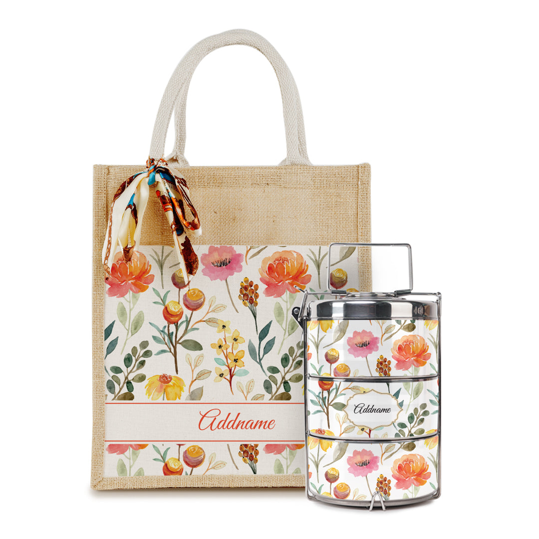 Laura Series - Carnelian Colorful Jute Bag with Tiffin Carrier Set