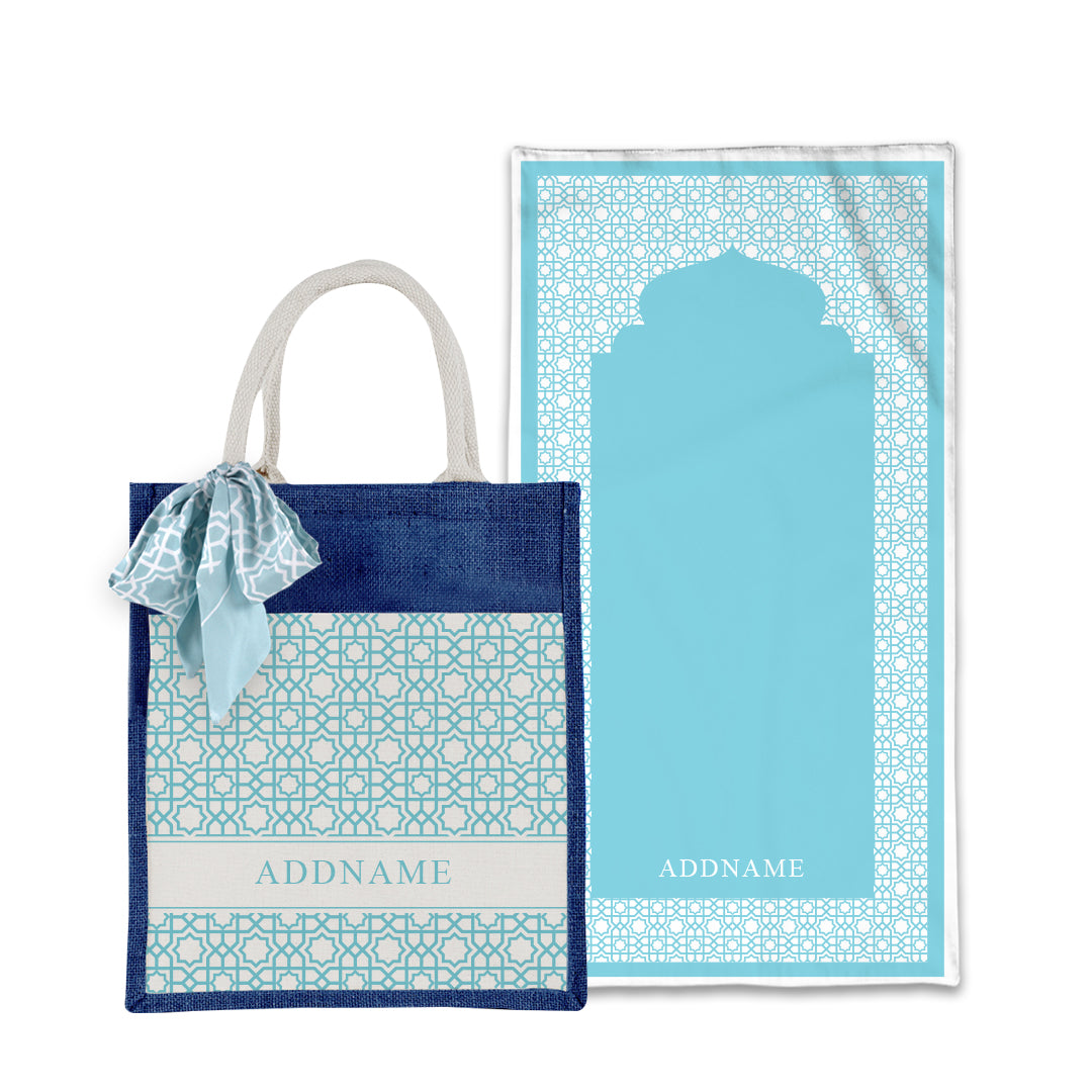 Annas Series - Pastel Sky Blue Prayer Mat with Matching Colourful Jute Bag