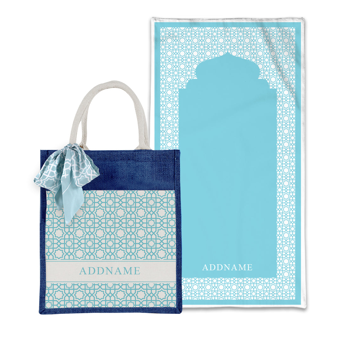 Annas Series - Pastel Sky Blue Prayer Mat with Matching Colourful Jute Bag