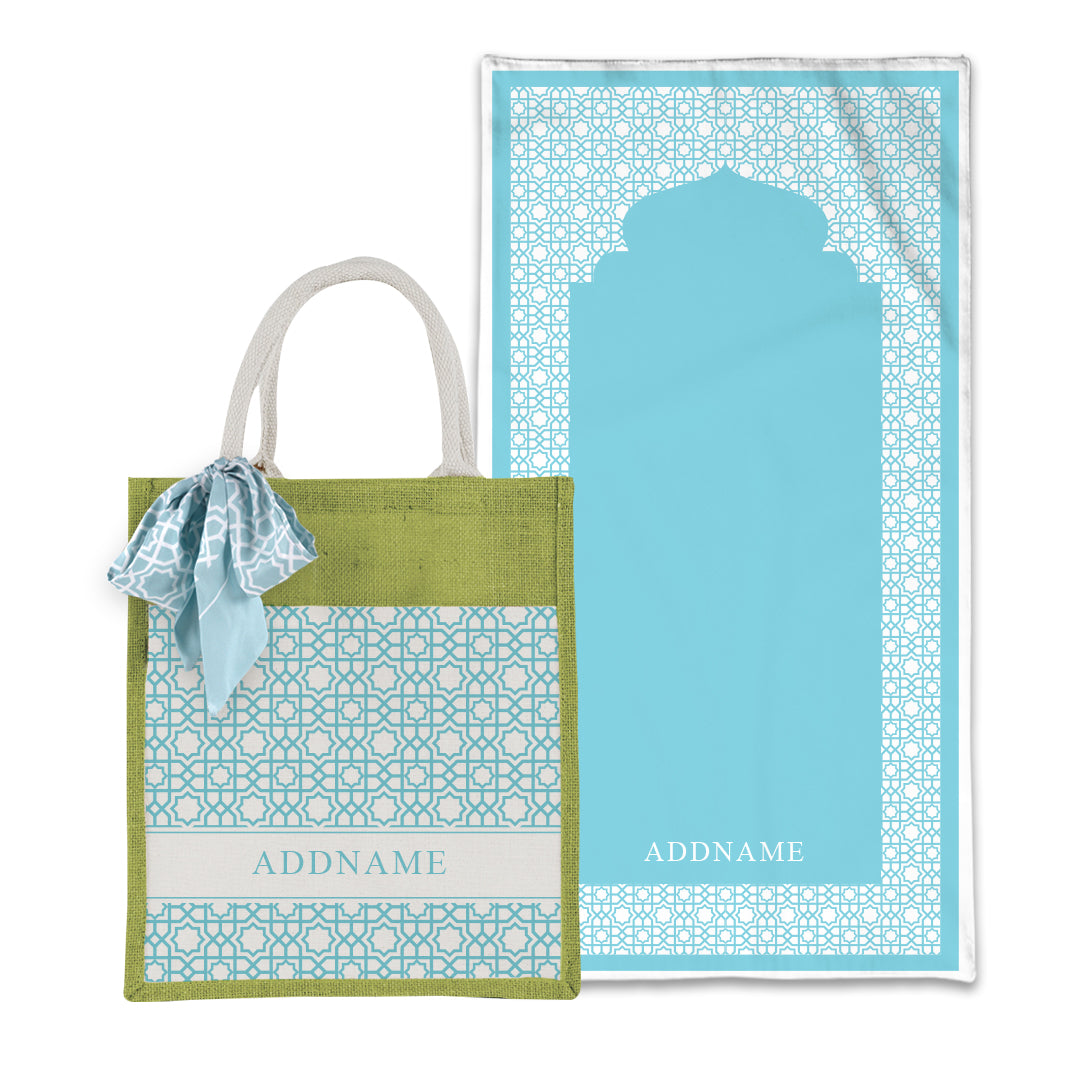 Annas Series - Pastel Sky Blue Prayer Mat with Matching Colourful Jute Bag