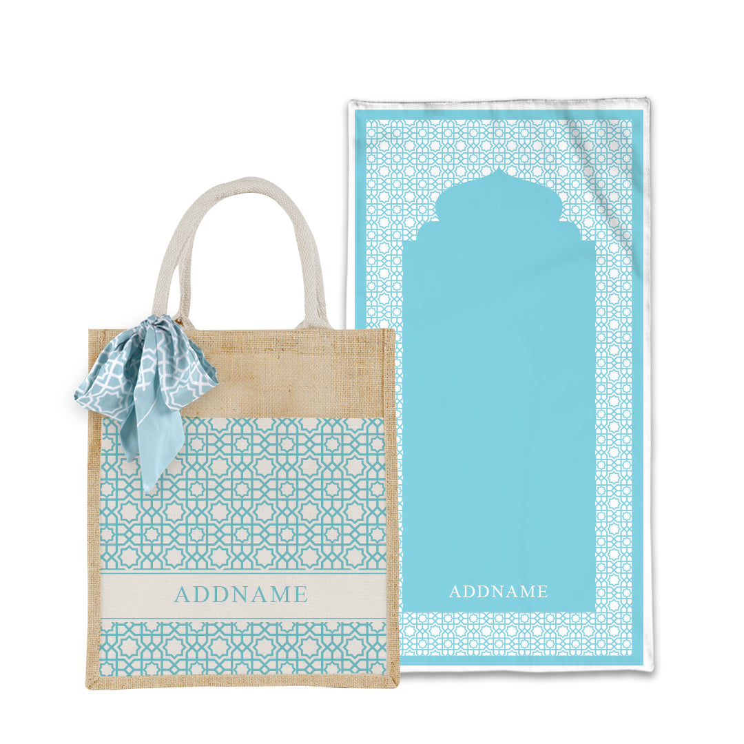 Annas Series - Pastel Sky Blue Prayer Mat with Matching Colourful Jute Bag