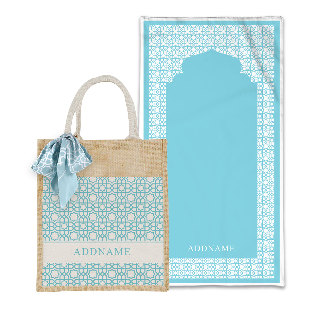 Annas Series - Pastel Sky Blue Prayer Mat with Matching Colourful Jute Bag