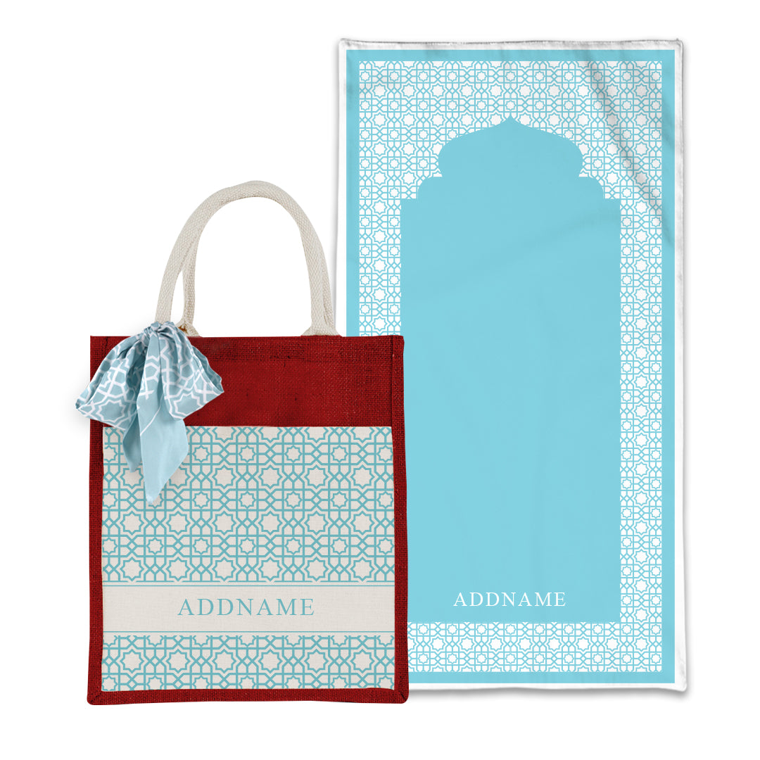 Annas Series - Pastel Sky Blue Prayer Mat with Matching Colourful Jute Bag