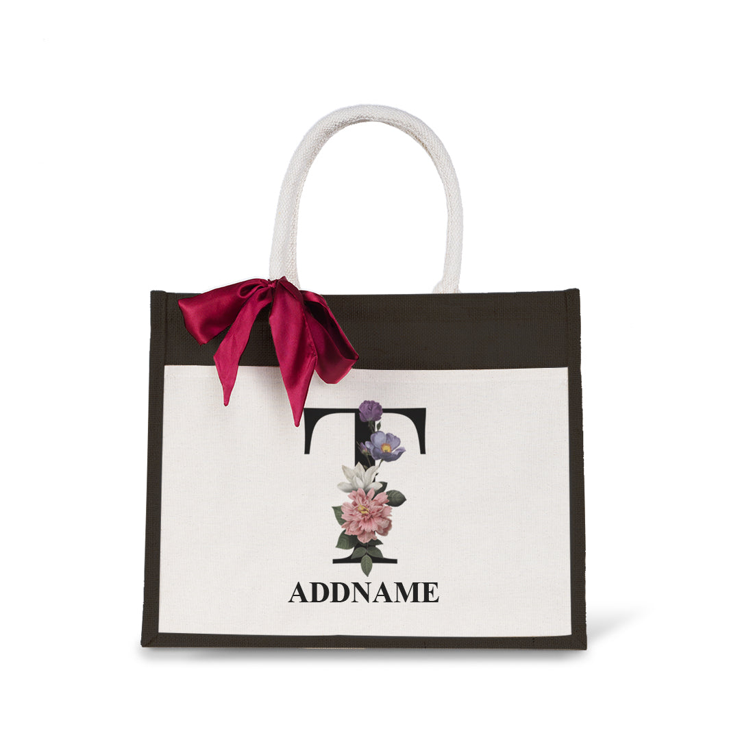 Myra Floral Series Black Jute Bag with Front Pocket