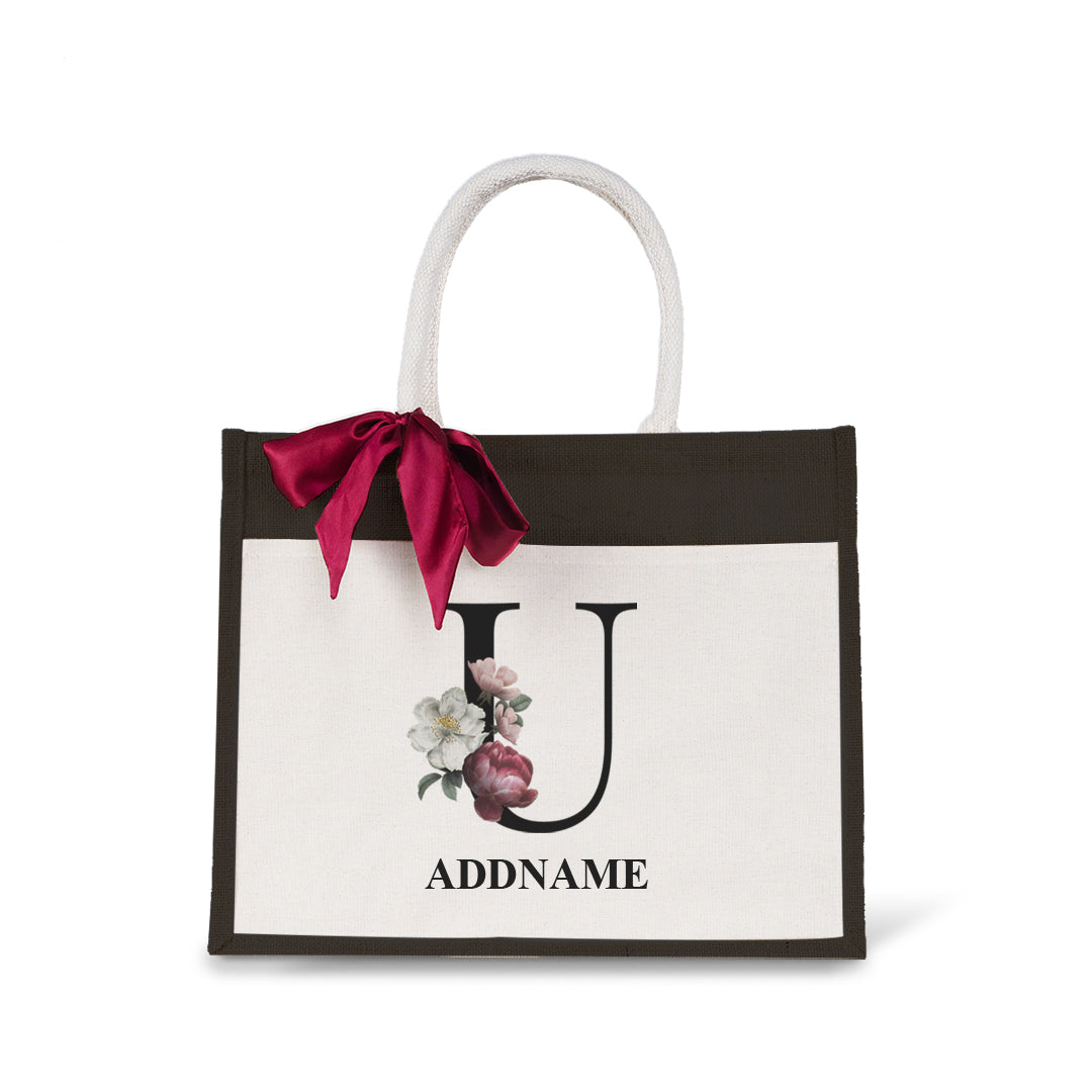 Myra Floral Series Black Jute Bag with Front Pocket