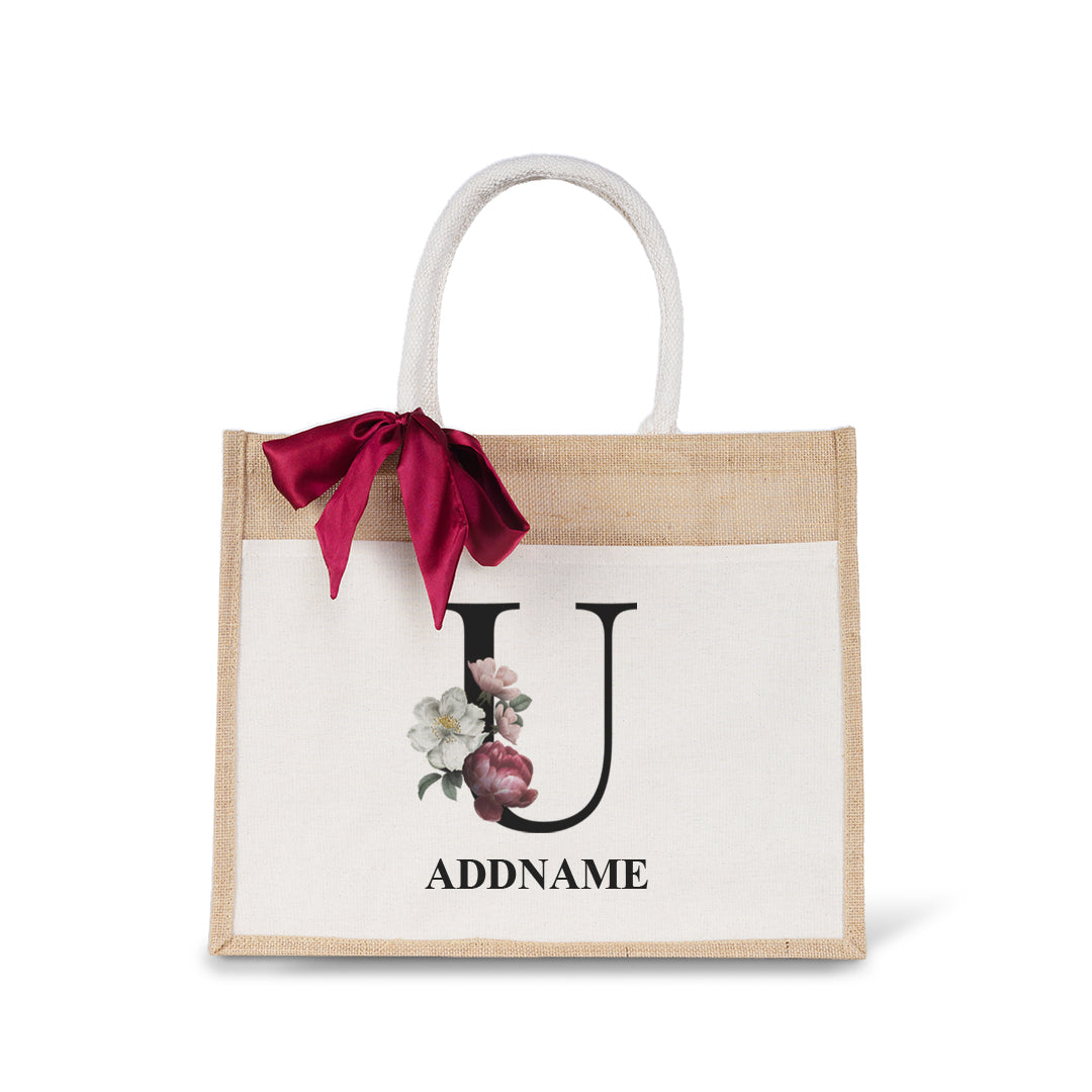 Myra Floral Series Natural Jute Bag with Front Pocket