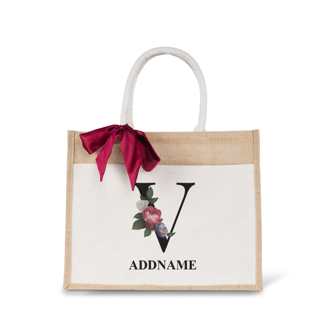 Myra Floral Series Natural Jute Bag with Front Pocket