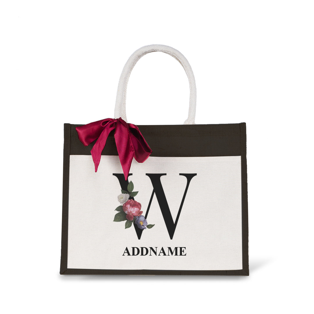 Myra Floral Series Black Jute Bag with Front Pocket