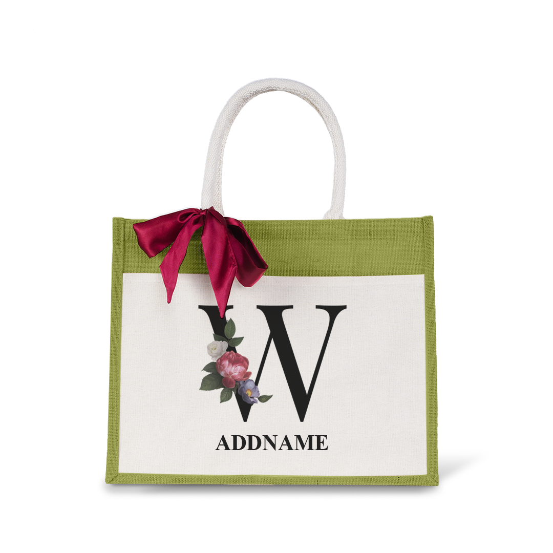 Myra Floral Series Olive Green Jute Bag with Front Pocket