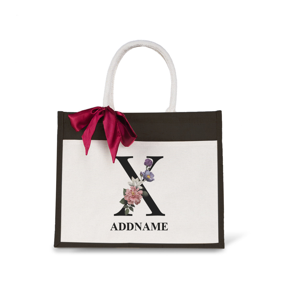 Myra Floral Series Black Jute Bag with Front Pocket