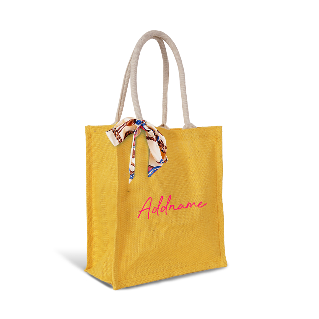 Yellow Full Colour Jute Bag with Florence Pink Personalization