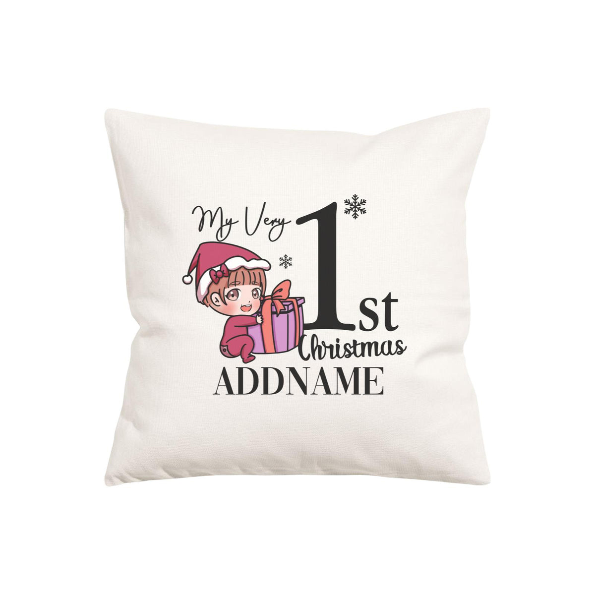 Xmas Christmas Chibi Family My Very 1st Christmas Baby Girl Holding Present Pillow Pillow Cushion