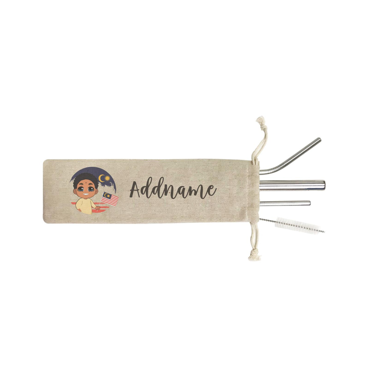 Merdeka Series Round Flag Indian Boy Addname SB 4-In-1 Stainless Steel Straw Set in Satchel