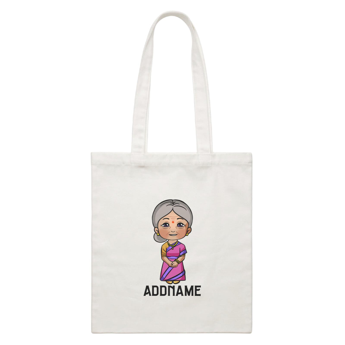 Deepavali Series Chibi Grandma Addname White Canvas Bag