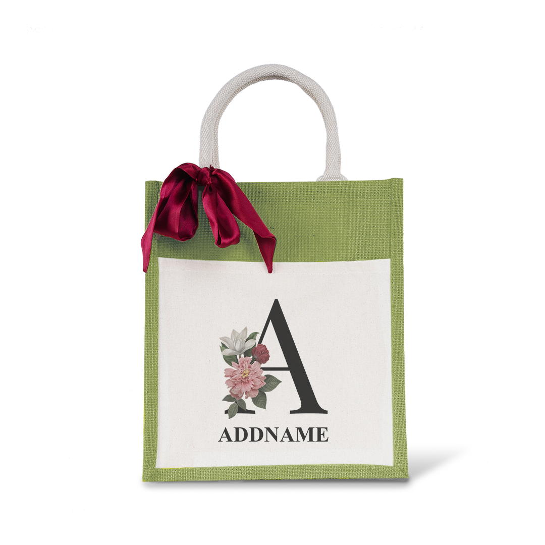 Myra Floral Series Olive Green Colourful Jute Bag With Front Pocket