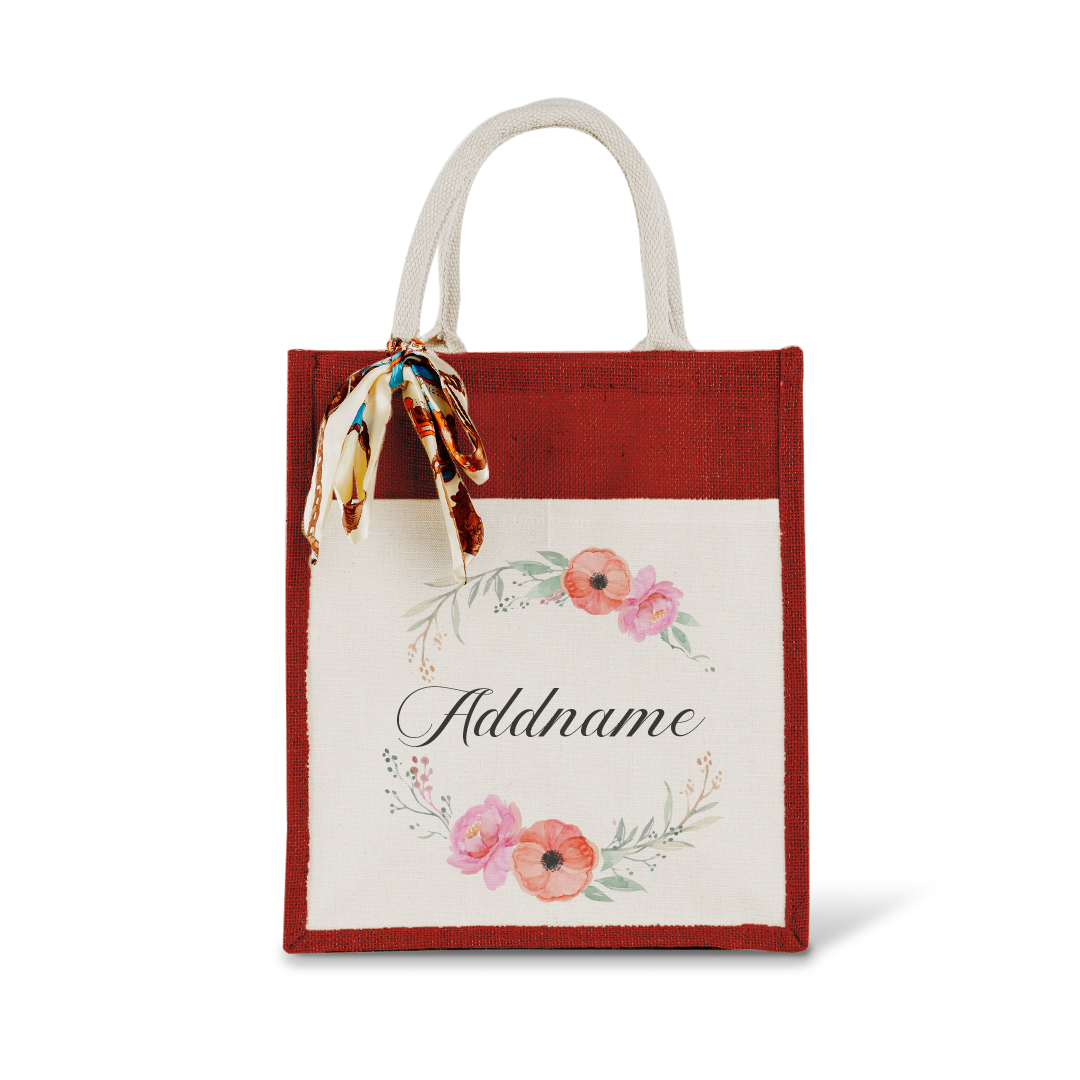 Elegant Flower Wreath Colourful Jute Bag With Front Pocket