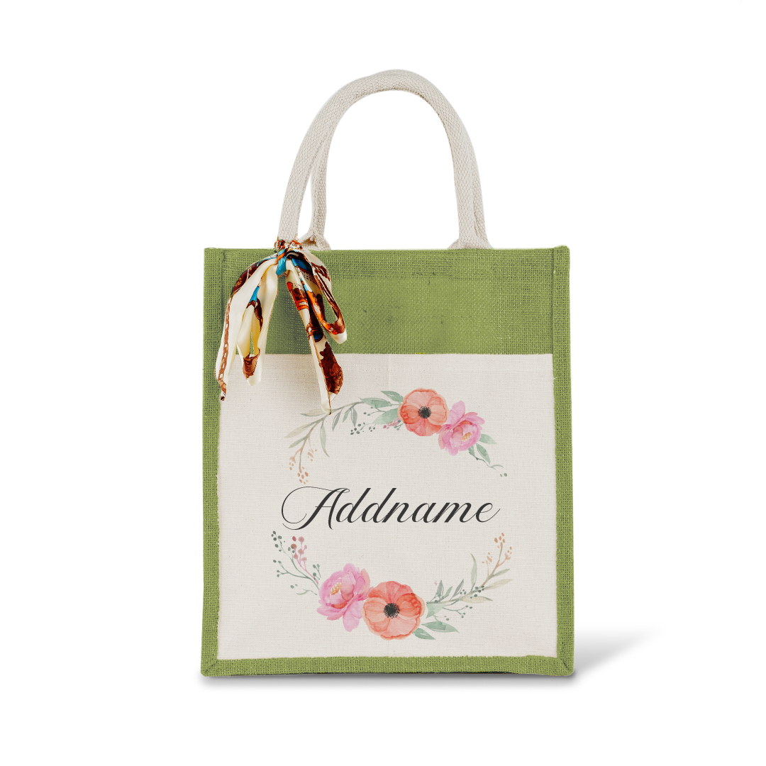 Elegant Flower Wreath Colourful Jute Bag With Front Pocket