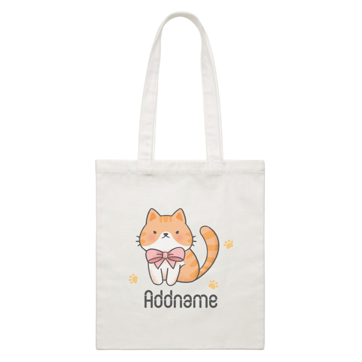 Cute Hand Drawn Style Brown Cat with Ribbon Addname White Canvas Bag