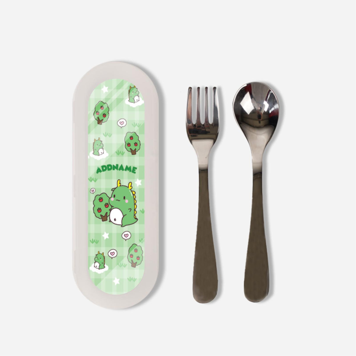 Cute Doodle Series Kids Cutlery Set - Green Dinosaur