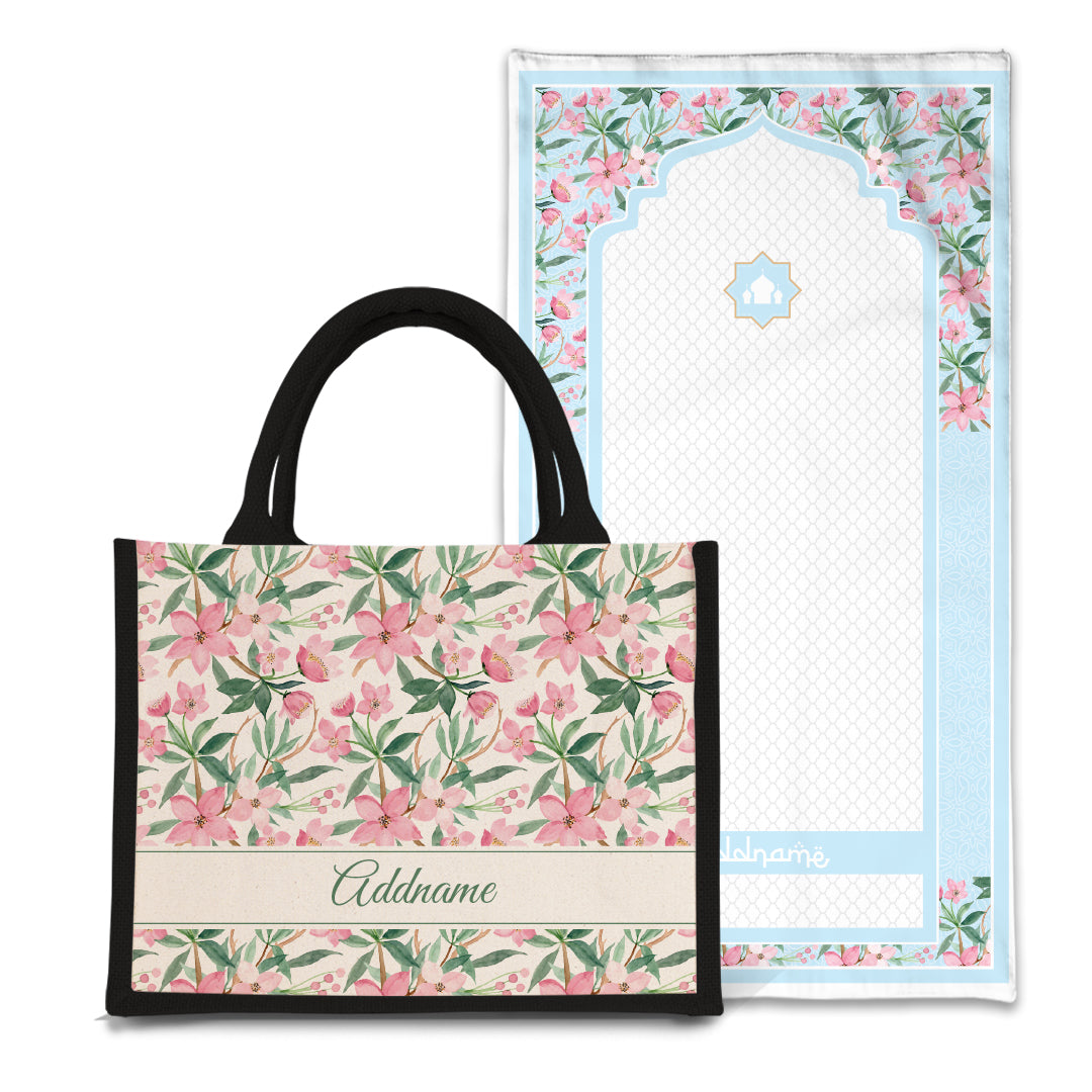 Blossom Sejadah Prayer Mat with Half Lining Small Jute Bag Bundle