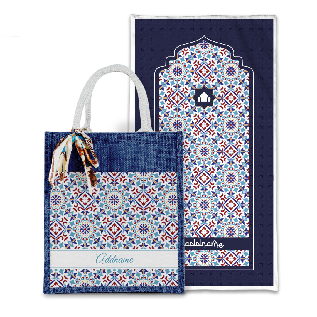 Arabesque Agean Blue Sejadah with Matching Colourful Jute Bag