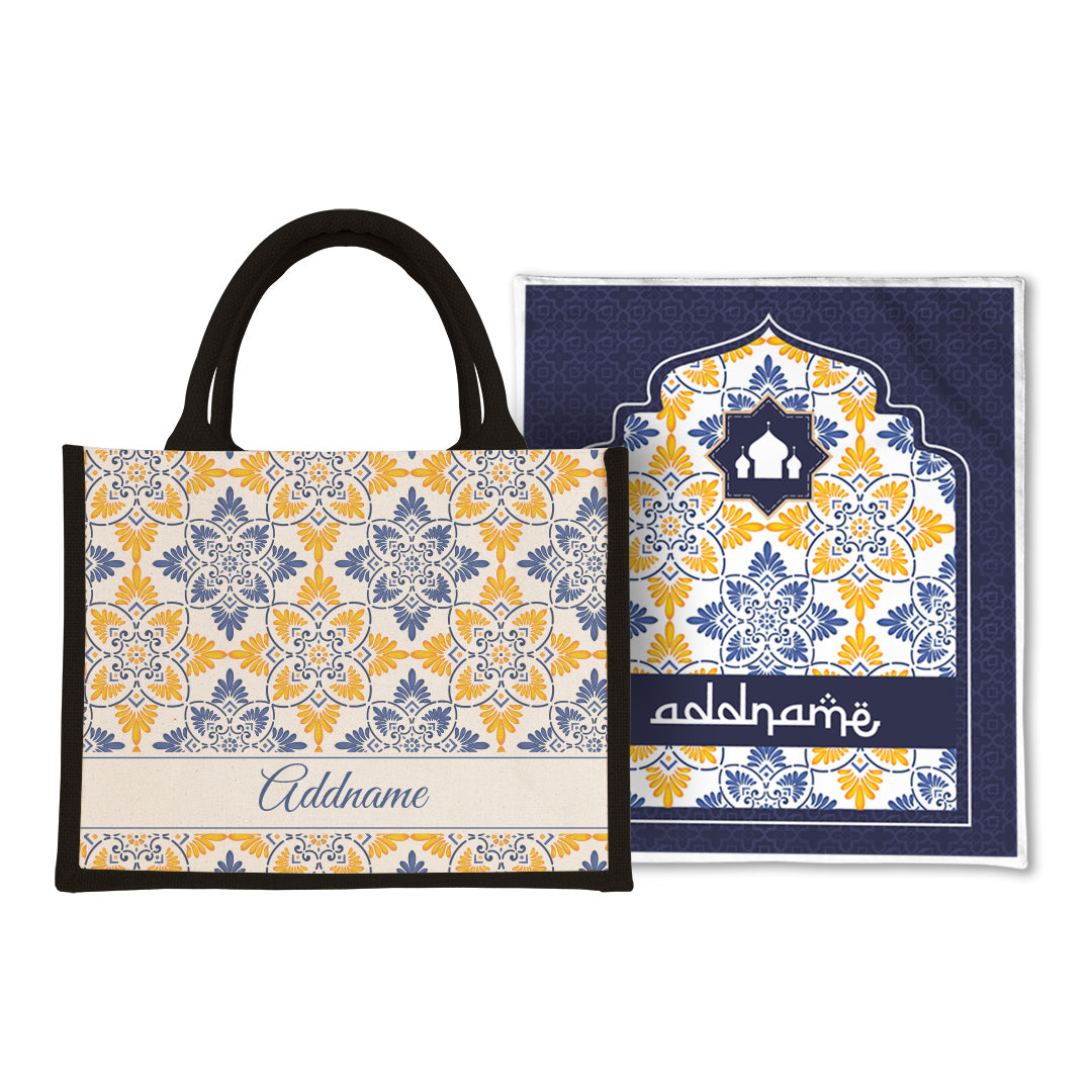 Arabesque Butter Blue Sejadah Prayer Mat with Half Lining Small Jute Bag Bundle