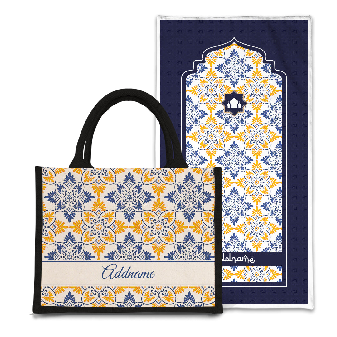 Arabesque Butter Blue Sejadah Prayer Mat with Half Lining Small Jute Bag Bundle